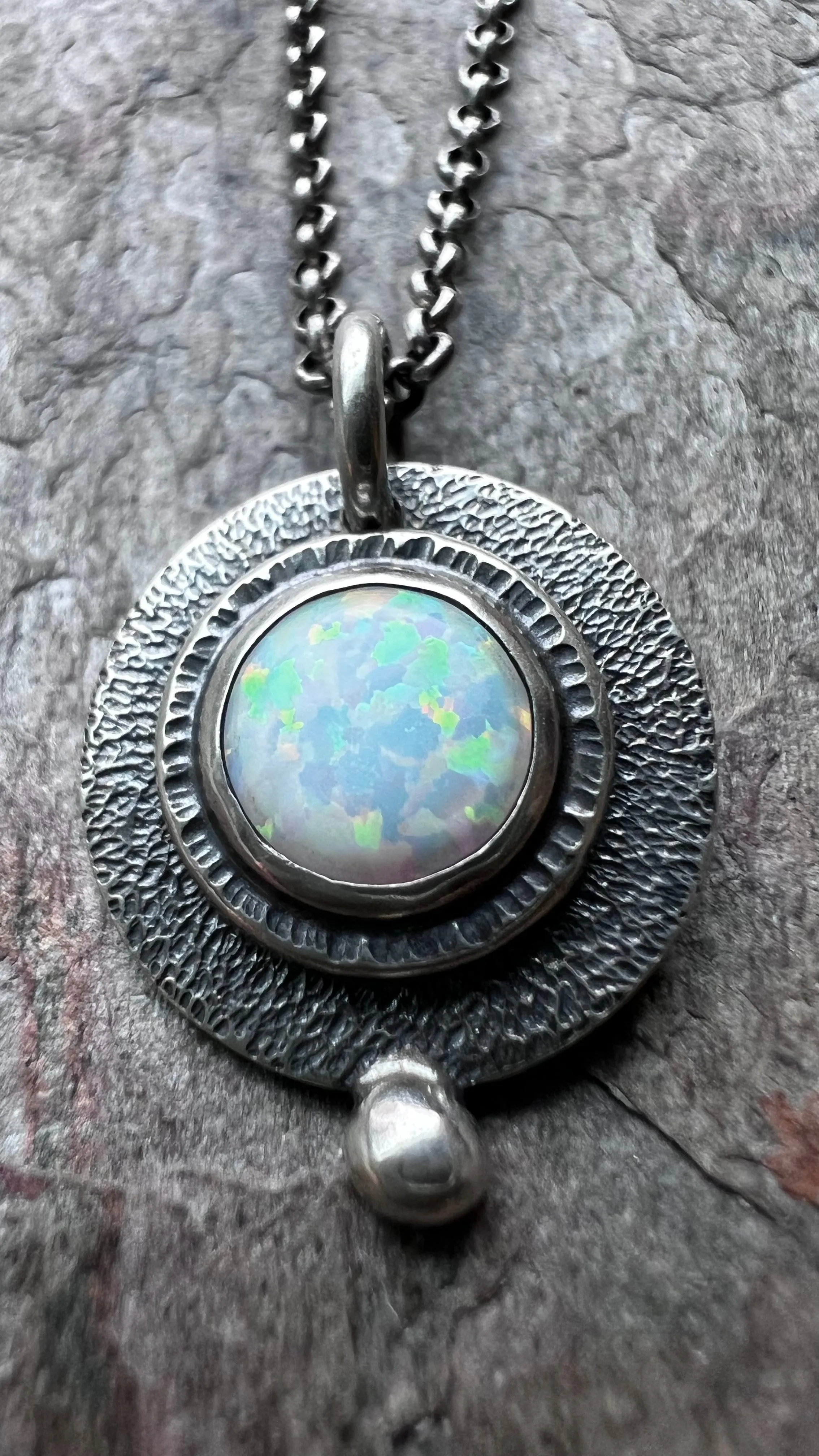 Sterling Silver Opal Necklace - Handmade Simulated Opal Pendant on Sterling Silver Chain