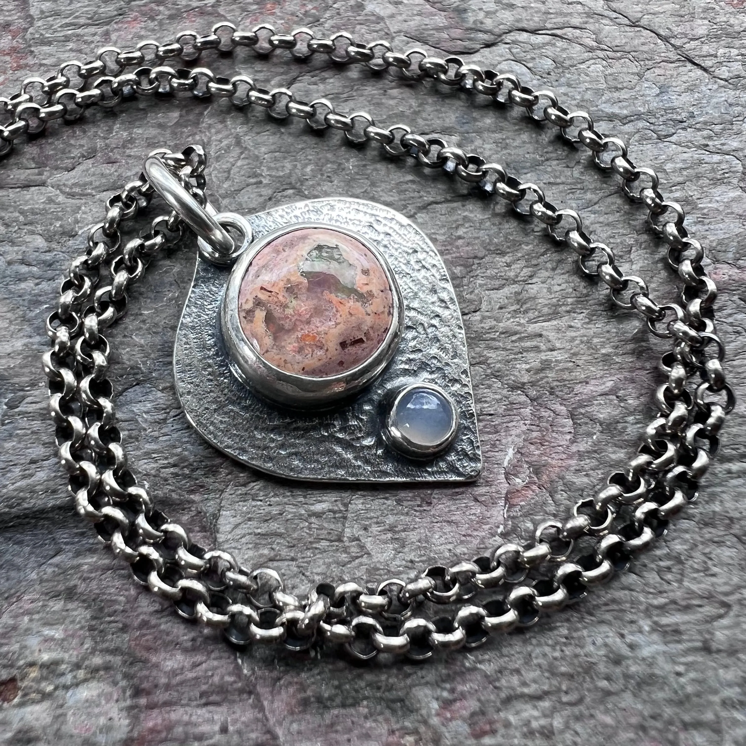 Sterling Silver Opal Necklace Natural Stone Genuine Opal and Chalcedony Pendant Necklace Handmade Jewelry