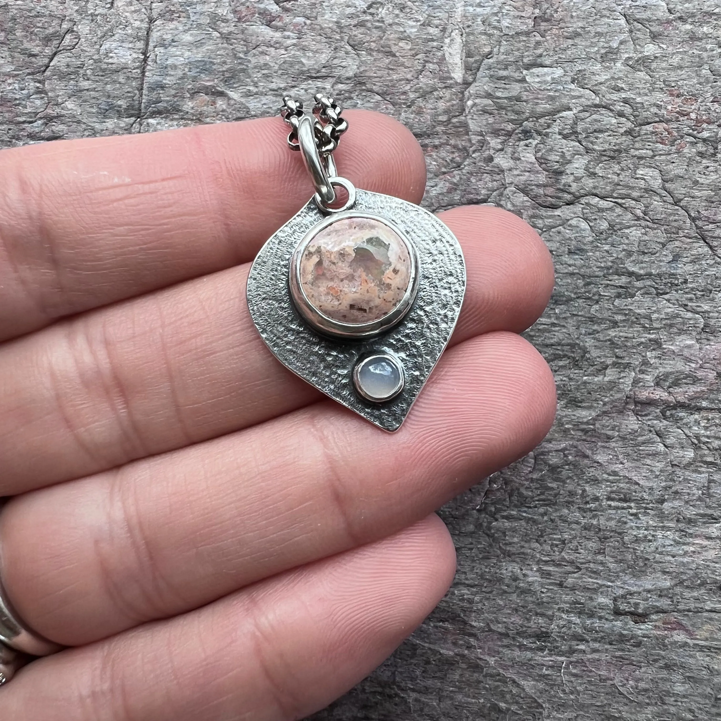 Sterling Silver Opal Necklace Natural Stone Genuine Opal and Chalcedony Pendant Necklace Handmade Jewelry