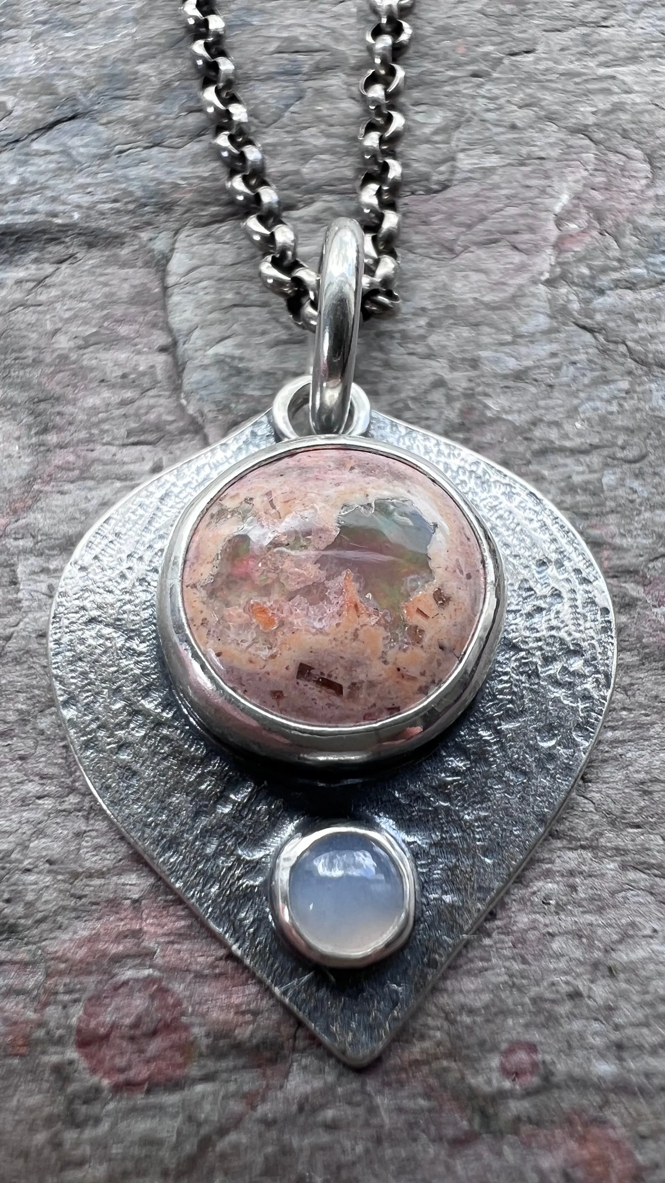 Sterling Silver Opal Necklace Natural Stone Genuine Opal and Chalcedony Pendant Necklace Handmade Jewelry