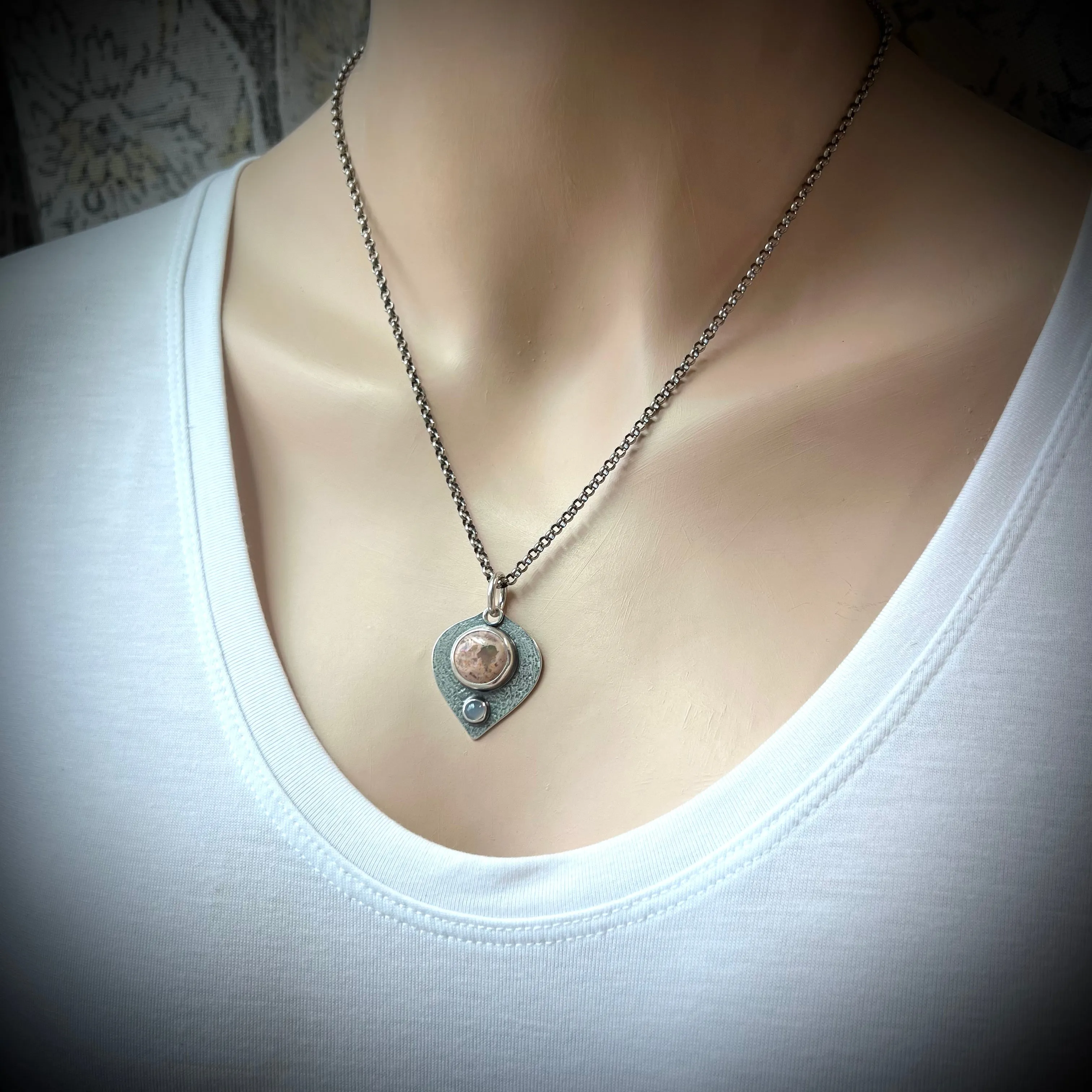 Sterling Silver Opal Necklace Natural Stone Genuine Opal and Chalcedony Pendant Necklace Handmade Jewelry