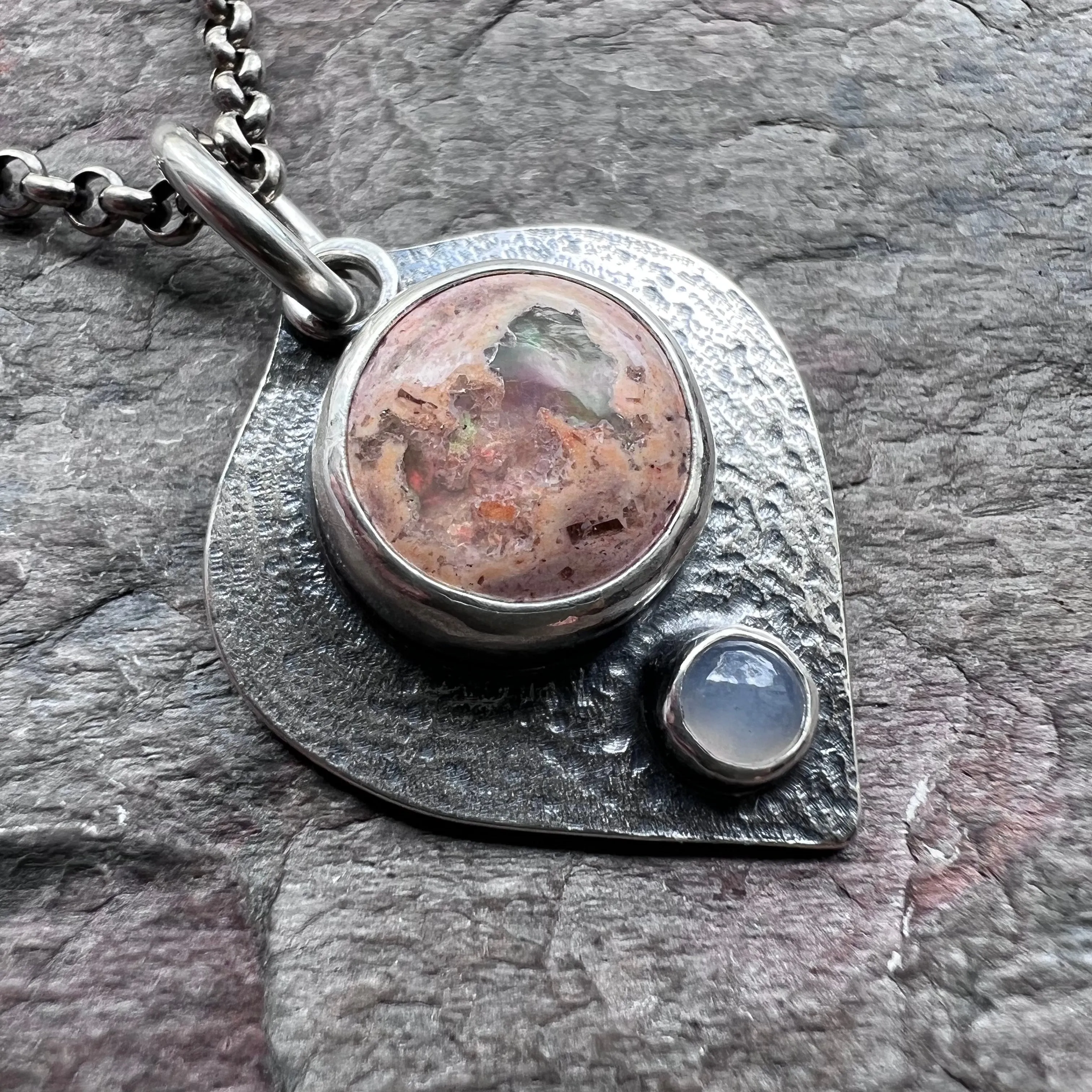 Sterling Silver Opal Necklace Natural Stone Genuine Opal and Chalcedony Pendant Necklace Handmade Jewelry
