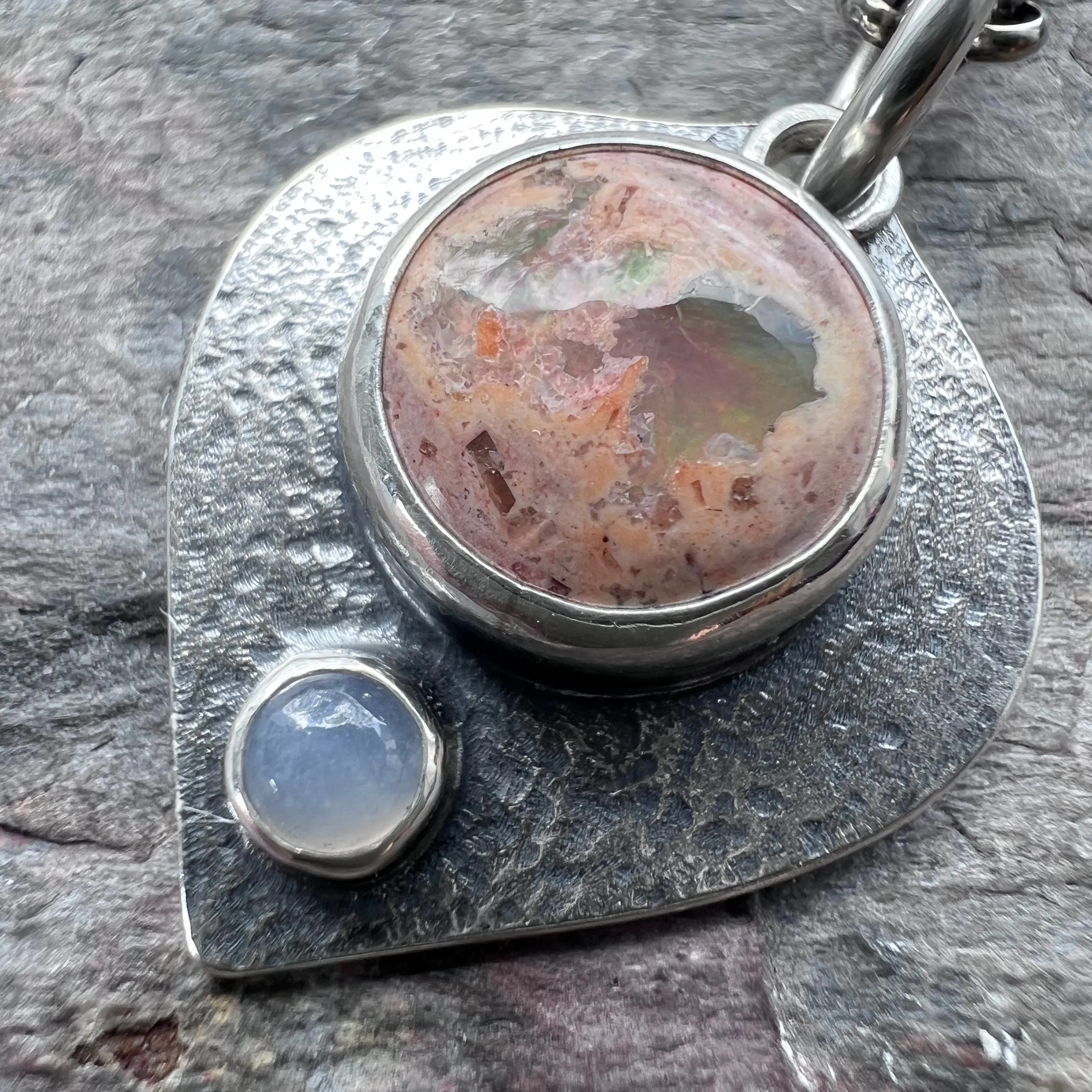 Sterling Silver Opal Necklace Natural Stone Genuine Opal and Chalcedony Pendant Necklace Handmade Jewelry