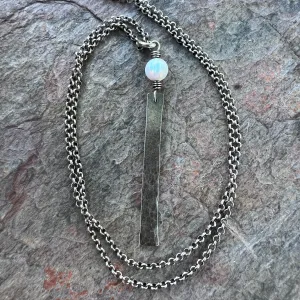 Sterling Silver Opal Necklace - Simulated Opal and Long Hammered Bar Pendant on Sterling Silver Chain