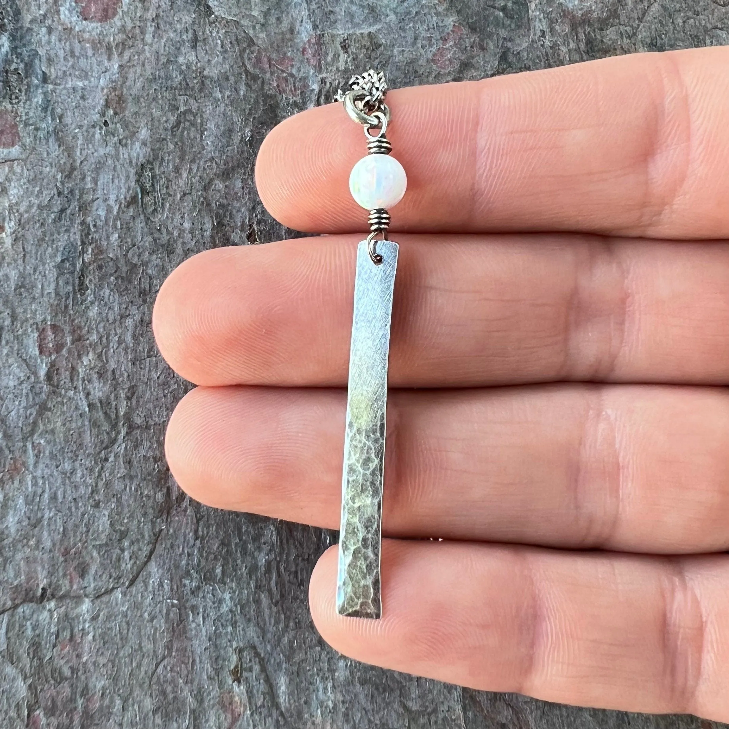 Sterling Silver Opal Necklace - Simulated Opal and Long Hammered Bar Pendant on Sterling Silver Chain