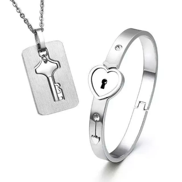 Titanium Puzzle Couple Heart Lock Key Couple Bracelet Necklace Lover