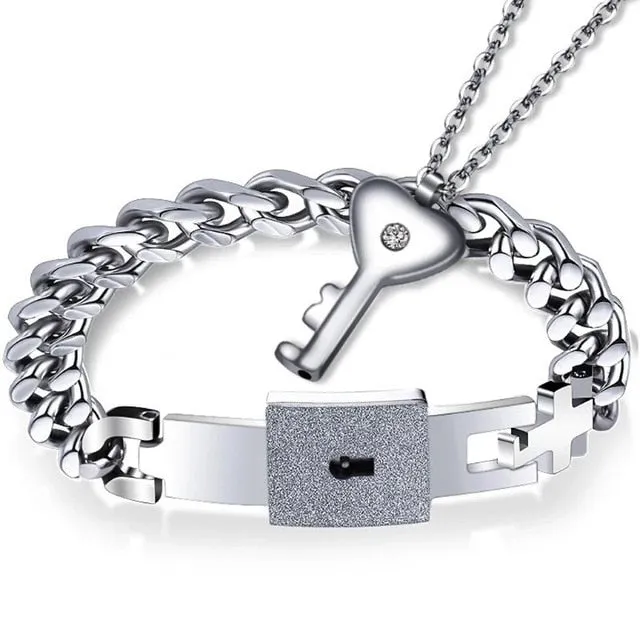 Titanium Puzzle Couple Heart Lock Key Couple Bracelet Necklace Lover